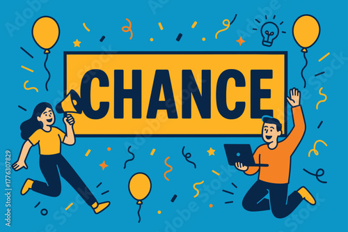 Vibrant Chance Banner. Chance banner, flat vector illustration, bold oversized text inside rectangular frame, cartoon characters jumping and waving while