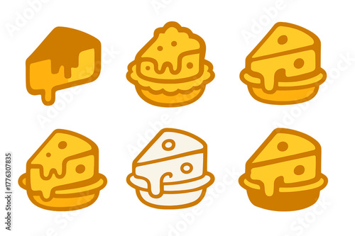 Cheese Quiche Logos. Cheese quiche. Set Logo of Cheese quiche: melting cheese slice on crust. harmonious logo variations of the same emblematic concept, each