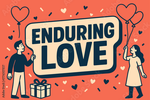 Enduring Love Celebration. Enduring Love banner, flat vector illustration, bold oversized text inside sticker outline banner, cartoon characters standing and