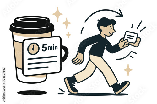 Dynamic Micro-Learning Scene. Micro-learning breaks. A coffee cup turns into a mini lesson card with a ? min? badge; sparkles float between tasks. A character