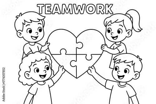 Children's Heart Puzzle. Teamwork puzzle children?s coloring book illustration, outlined drawing, cheerful kids each holding one puzzle piece and joining them