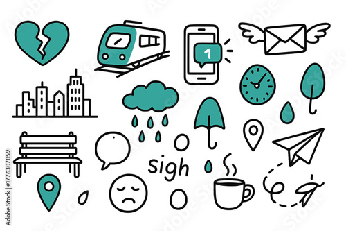 Missed Connection Doodles. // Missed connection. Hand-drawn doodle illustration missed connection [broken heart (accented), train departing (accented), phone