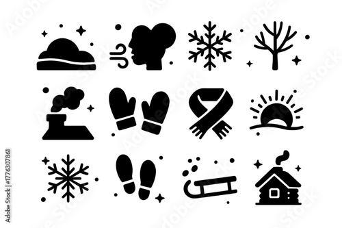 Winter Dawn Icons. Winter dawn. Solid icons set of Winter dawn: snowfield, frosty breath, ice crystals, bare tree, chimney smoke, mittens, scarf, sunrise halo,