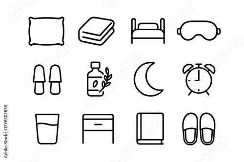 Sleep Essentials Icons. Sleep Essentials. Line icon set of Sleep Essentials: pillow, blanket, bed, sleep mask, earplugs, lavender bottle, moon, alarm clock,