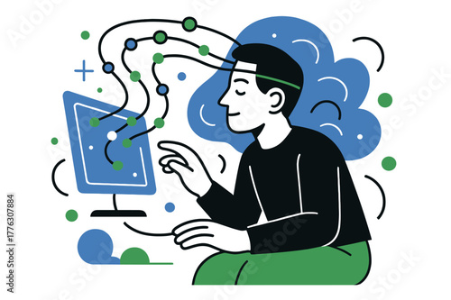 Holographic Mind Upload. Uploading mind. A person connected to a holographic interface via abstract data