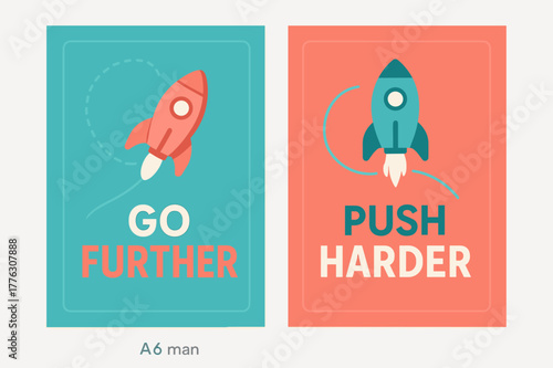 Motivational Banners. Go further. Two vertical A6 banners with safe margins, centered composition, no elements touching edges, modern, turquoise and coral,