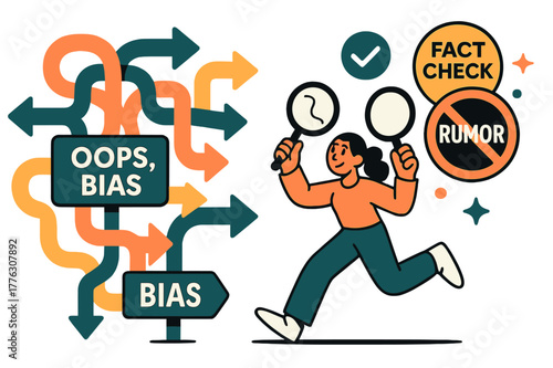 Navigating Bias Maze. Cognitive bias & misinformation. A maze of arrows leads to a sign reading ?Oops, bias?; a character swaps a crooked lens for a clear one.