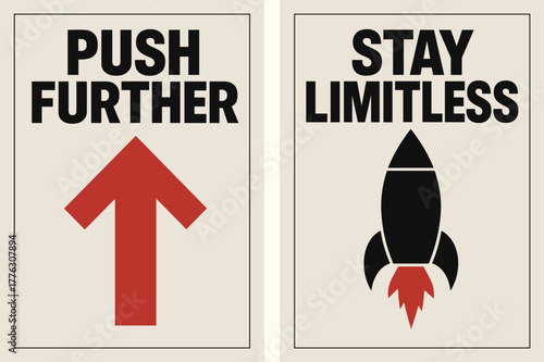 Brutalist A6 Banners. Push further. Two vertical A6 banners with safe margins, centered composition, no elements touching edges, brutalist, black and red,