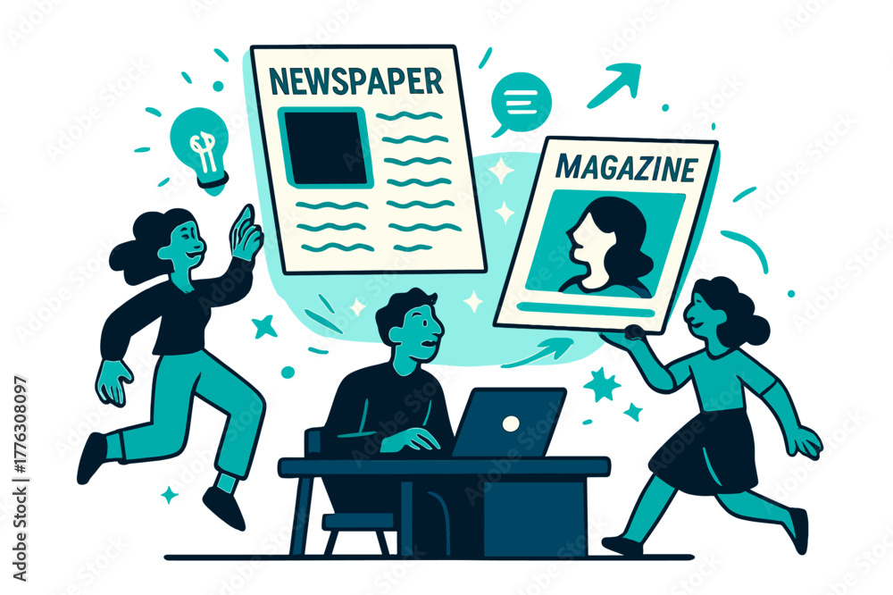 Fototapeta premium Vibrant Media Landscape. Print media. A newspaper, magazine, and glowing articles floating above a desk,