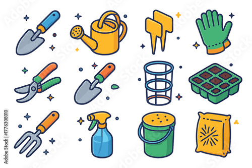 Isometric Gardening Tool Icons. Home tomato gardening tools. Colorful isometric vector icons set of Home tomato gardening tools: hand trowel, watering can,