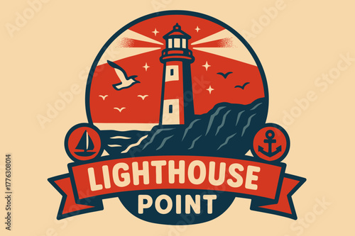 Retro Lighthouse Poster. Lighthouse Point ? Retro Poster; lettering: bold rounded; composition: ribboned seal with side icons; effects: halftone rim + gentle