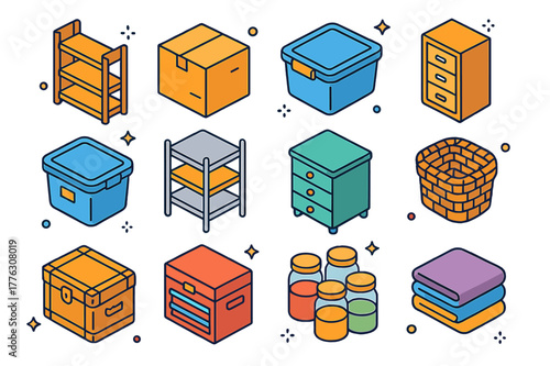 Colorful Storage Icons. Storage. Colorful isometric vector icons set of Storage: wooden shelf, cardboard box, plastic container, filing cabinet, storage bin,