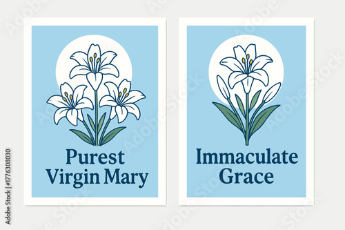Immaculate Mary Banners. Immaculate Purity. Two vertical A6 banners with safe margins, centered composition, no elements touching edges, flat vector design,
