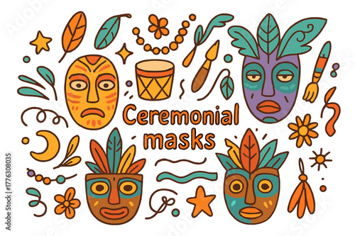 Ceremonial Mask Patterns. Ceremonial masks. Hand-drawn doodle illustration of ceremonial masks. Mask, feathers