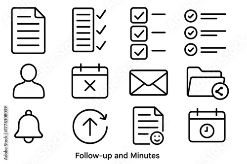 Follow-up Icons Set. Follow-up and Minutes. Line icon set of Follow-up and Minutes: meeting minutes document, attendance list, decisions check, action items