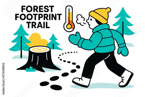 Snowy Footprint Path. Forest Footprint Trail. Snowy ground shows a dotted path veering behind a stump; breath puffs drift like tiny clouds. A ?hot/cold? meter
