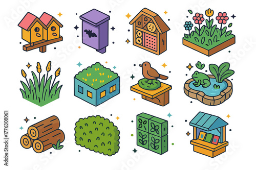 Urban Biodiversity Icons. Urban biodiversity habitats. Colorful isometric vector icons set of Urban biodiversity habitats: birdhouse row, bat roost box, insect