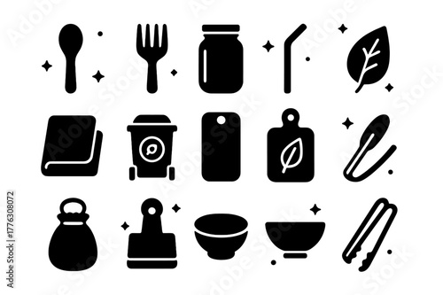 Eco Kitchen Icons. Eco Kitchen Tools. Solid icons set of Eco Kitchen Tools: bamboo spoon, wooden fork, glass jar, reusable straw, cotton towel, compost bin,