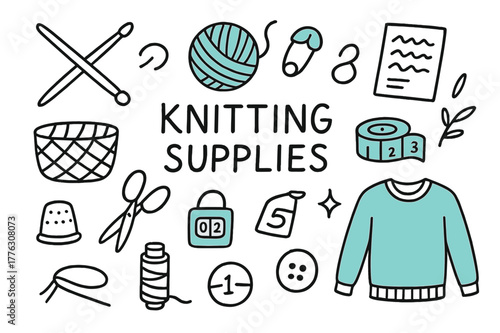 Knitting Supplies Doodle. // Knitting supplies. Hand-drawn doodle illustration Knitting supplies [needles (accented), yarn ball (accented), basket, scissors,