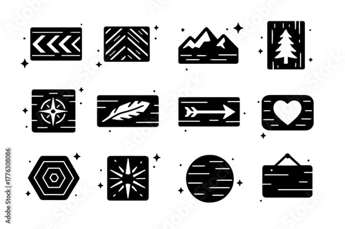 Rustic Wood Icon Series. Rustic wall art from reclaimed wood. Solid icons set of Rustic wall art from reclaimed wood: chevron panel, herringbone panel,