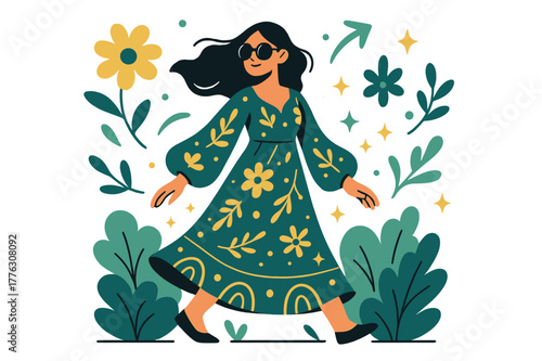 Boho Park Stroll. A young woman wearing a boho-chic dress and oversized sunglasses. Woman strolling through park wearing flowing bohemian dress and oversized