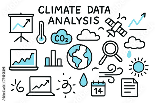 Climate Data Doodle. Climate data analysis. Hand-drawn doodle illustration climate data analysis [chart board (accented), graph (accented), thermometer