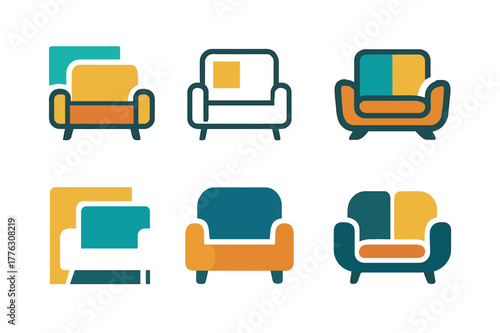 Colorful Logo Variations. Adding a pop of color with accent walls or furniture. Set Logo of Adding a pop of color with accent walls or furniture: Color-block