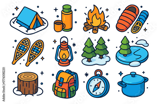 Isometric Winter Camping Icons. Winter camping. Colorful isometric vector icons set of winter camping: tent in snow, thermos, campfire, sleeping bag,