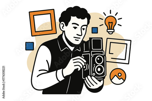 Timeless Photography Art. Classic portrait. A photographer adjusts a vintage camera while abstract geometric