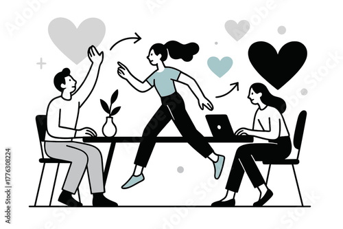 Sleek Modern Minimalism. Modern minimalism. Sleek table setup with monochrome decor, abstract heart shapes,