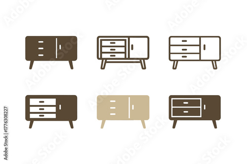 Wood Furniture Logos. Natural wood furniture and neutral tones in design. Set Logo of natural wood furniture and neutral tones in design: walnut sideboard.