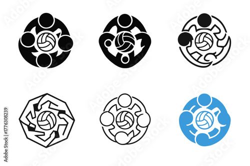 Teamwork Volleyball Logos. A person participating in a team sport like volleyball, showing teamwork. Set Logo of A person participating in a team sport like