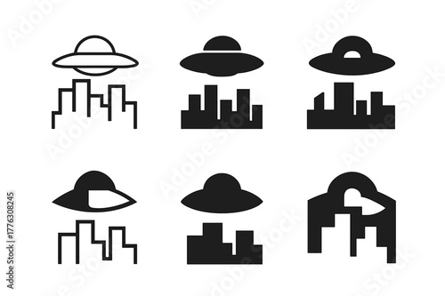 UFO Skyline Logos. UFO sightings. Set Logo of classic flying saucer over skyline: Minimal outline, Filled silhouette, Abstract geometric, Negative space, Flat
