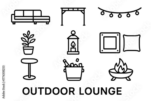 Outdoor Lounge Icons. Outdoor Lounge. Line icon set of Outdoor Lounge: sectional sofa, coffee table, pergola, string lights, potted plant, lantern, outdoor