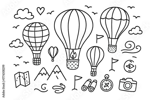 Balloon Adventure Doodle. Hot air balloons. Hand-drawn doodle illustration Hot air balloons balloon, basket, flame burner, ropes, clouds, sun, birds,