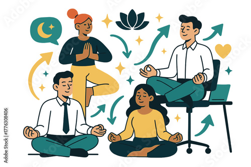 Office Yoga Break. Digital detox for employees. Team in office taking a break from screens, engaging in yoga and meditation with abstract floating icons,