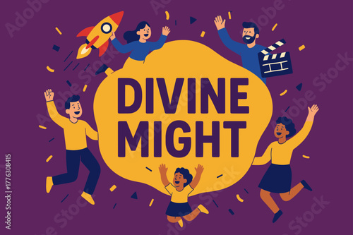 Divine Might Celebration Banner. Divine might banner, flat vector illustration, bold oversized text inside rounded blob, cartoon characters jumping and waving