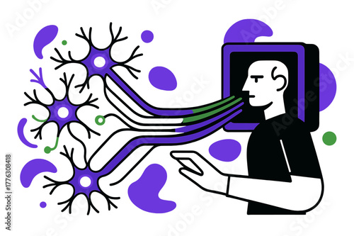 Neural Consciousness Migration. Neural upload. Glowing neurons and abstract synapses transform into flowing