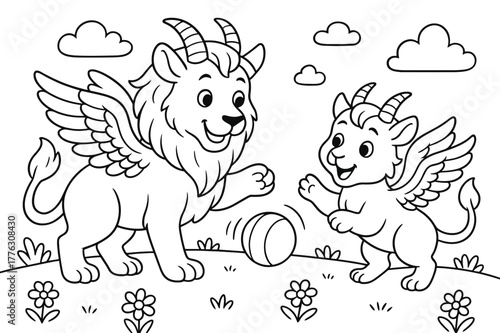 Chimera Family Playtime. Mythical creature family children?s coloring book illustration, outlined drawing, a chimera parent and a baby chimera playing with a