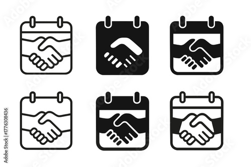 Office Collaboration Logos. office collaboration. Set Logo of office collaboration: Calendar sync handshake. Icon set. harmonious logo variations of the same