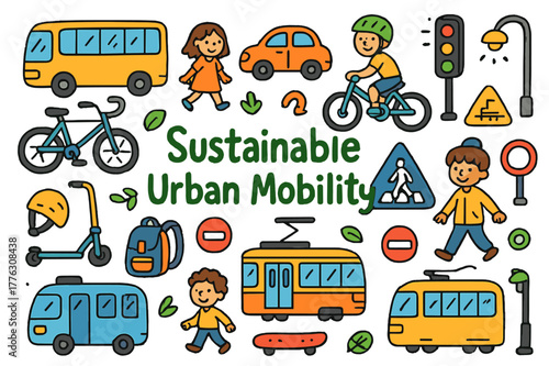 Sustainable Urban Mobility Doodle. sustainable urban mobility. Colorful Hand-drawn doodle Children illustration sustainable urban mobility bus, bicycle,