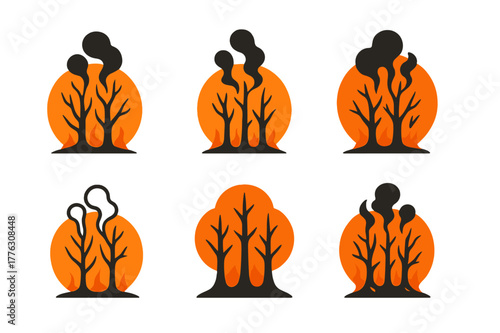Hellscape Tree Logos. blackened trees in hellscape. Set Logo of blackened trees in hellscape: Smoke plumes threading burnt boughs. Icon set. harmonious logo