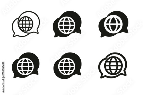 Translation AI Logos. language translation AI. Set Logo of language translation AI: two overlapping speech bubbles with globe inside. Icon set. harmonious logo