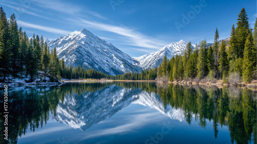 Serene mountain landscape featuring snow-capped peaks perfectly mirrored in calm lake waters surrounded by dense evergreen forest under clear blue sky