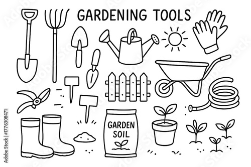 Gardening Tools Doodle. Gardening Tools. Hand-drawn doodle illustration Gardening Tools shovel, rake, trowel, watering can, gloves, wheelbarrow, hose, garden