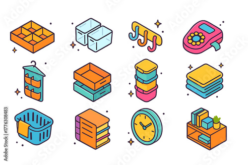 Colorful Organization Icons. Home organization tools. Colorful isometric vector icons set of Home organization tools: drawer dividers, clear storage bins, wall