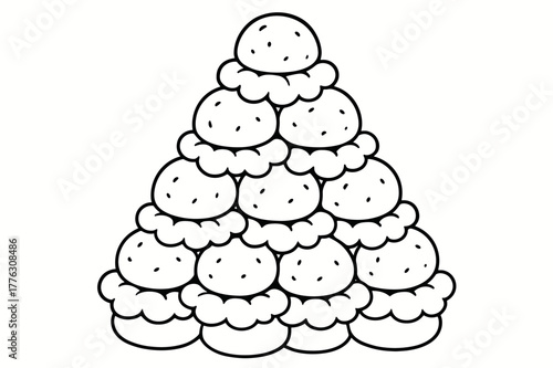 Cream Puff Pyramid. Cream puff tower children?s coloring book illustration, outlined drawing, a pyramid of round puffs with soft cream clouds between them,