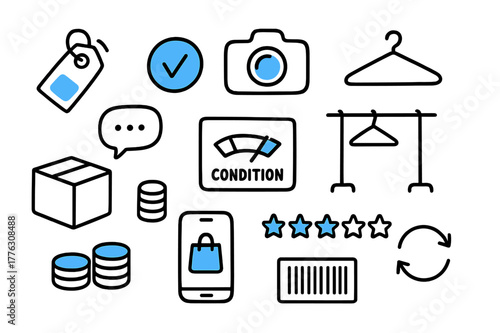 Resale Marketplace Icons. // Resale & secondhand marketplaces. Hand-drawn doodle illustration resale & secondhand marketplaces [price tag (accented), verified