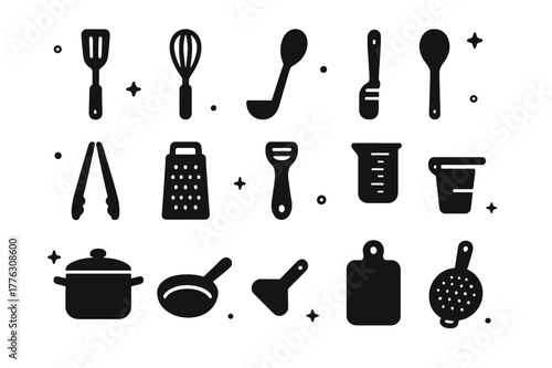 Cooking Utensil Icons. Cooking Utensils. Solid icons set of Cooking Utensils: spatula, whisk, ladle, wooden spoon, tongs, grater, peeler, measuring cup, pot,