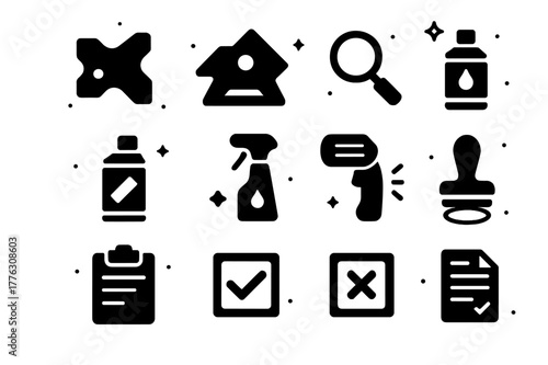 Industrial Weld Inspection Icons. Industrial weld inspection. Solid icons set of Industrial weld inspection: fillet gauge, bridge cam gauge, magnifier, dye